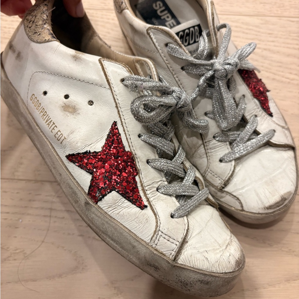 Golden Goose White Sneakers with Glitter Red Star